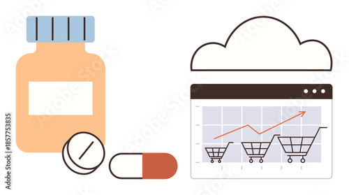 Medicine bottle, pills, tablet, and web chart with shopping carts and upward trend. Ideal for healthcare, digital marketing, technology, online sales, telemedicine business growth innovation