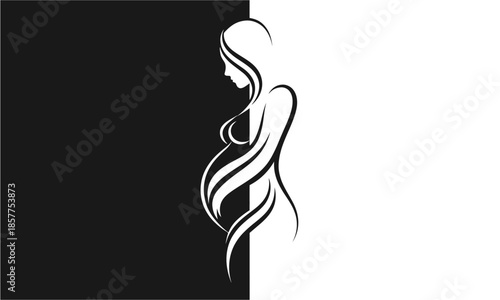 Elegant silhouette of a pregnant woman on a black and white background.