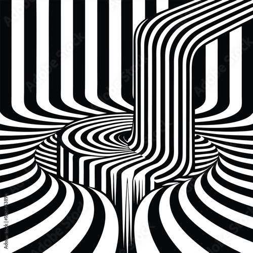 Black and white optical illusion vortex with swirling stripes and tunnel effect Keywords: abstract, art, black and white, stripe, pattern, optical illusion, op art, graphic, design, shape