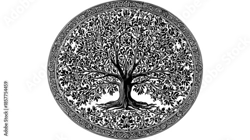 Ornate Tree of Life illustration in black and white with intricate roots and branches symbolizing growth, nature, and spirituality.