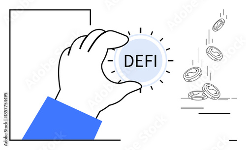 Cryptocurrency, decentralized finance, blockchain, fintech, virtual currencies, digital payment. A hand holds a DeFi coin with coins falling beside. Cryptocurrency and decentralized finance concept