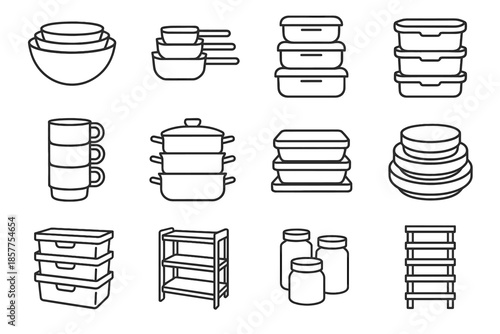 Modular unit vector tower containers icon mugs tray kitchenware stackable icons bins