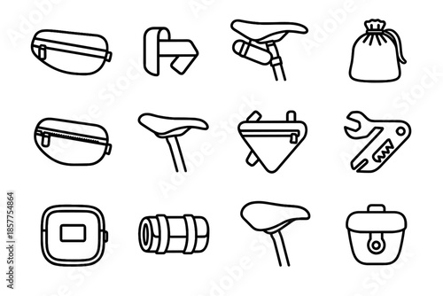 Vector seat zipper icons soft velcro bike icon light tool bag