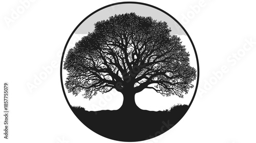 Strong mature tree silhouette in a circular frame, symbolizing nature, growth, and wisdom. Black and white graphic icon.