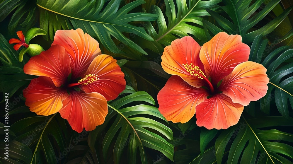 Naklejka premium Bright orange hibiscus flowers surrounded by green leaves in a tropical setting during daytime