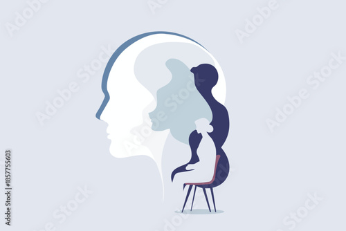 Silhouette of woman sitting in therapist’s armchair with abstract spirit figure behind, modern flat vector illustration symbolizing psychotherapy, counseling, healing, mental health and spiritual supp