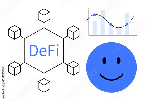 Decentralized finance. Blockchain network DeFi efficiency, alongside a financial growth chart and happy face. Decentralized finance improving innovation and user experience. Perfect for finance