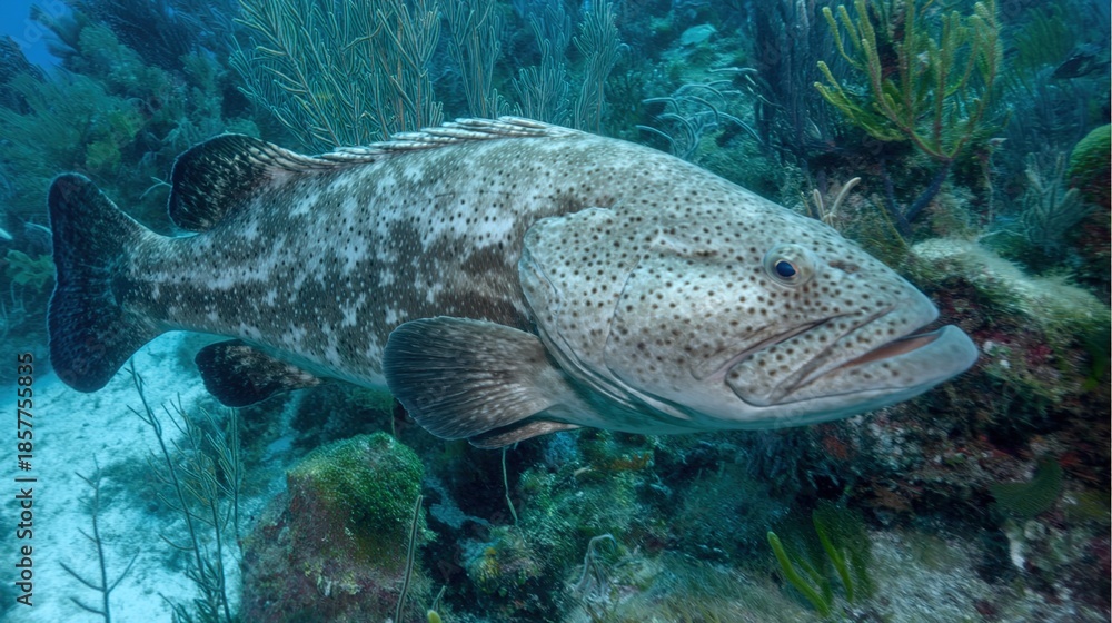 Naklejka premium Grouper: Reef Habitat Ecology, Commercial Fishery Value and Conservation Priorities – A Compact Overview of Marine Predator Biology and Coastal Ecosystem Roles