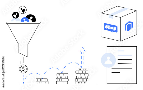 Digital marketing, sales funnel, e-commerce, business growth, online analytics, user data. Visual includes funnel with users, coins box with shop label financial chart and document. Marketing