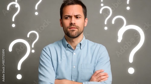 European male with thick beard, holds chin, pursed lips with clueless expressions, doubts, a man with many questions. 

