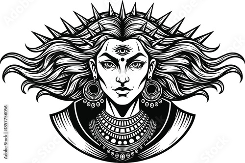 Mystical goddess with third eye and sun crown vector illustration, spiritual esoteric woman portrait, tribal woodcut style divine feminine tattoo design,