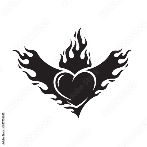 Burning heart silhouette with fiery wings tattoo design on a white background