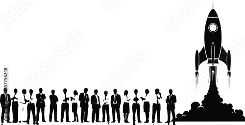 Successful business team silhouette watching rocket launch startup concept, professional group cheering for career growth, innovation and corporate project beginning, vector illustration