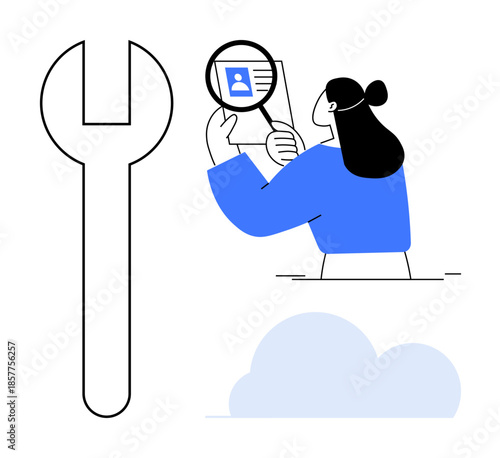 Identity verification. A user examines personal identification details with a magnifying glass. Identity verification ensures secure account access and user authentication. For cybersecurity