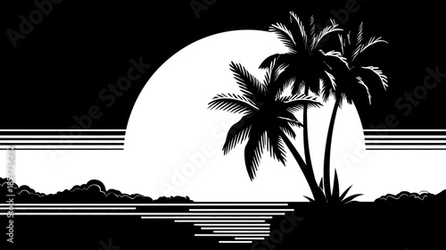 Monochromatic tropical island sunset vector art. Stylized palm trees on beach with ocean and sun, retro 80s aesthetic.
