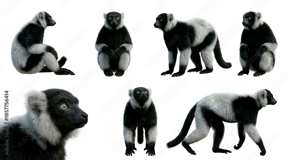 Fototapeta premium set of a black and white ruffed lemur in different poses, sitting, walking, standing isolated on a transparent background
