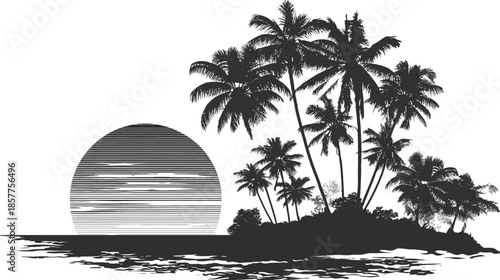 Tropical island silhouette at sunset with palm trees. Exotic beach paradise landscape vector illustration for vacation travel design.