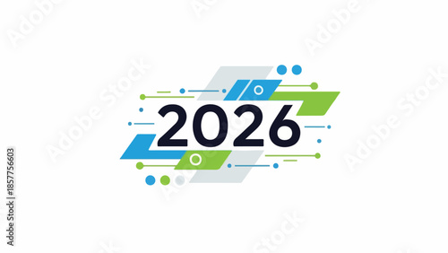 Abstract digital 2026 year design featuring dynamic geometric shapes and lines, symbolizing technological progress and future innovation in a modern context for upcoming trends