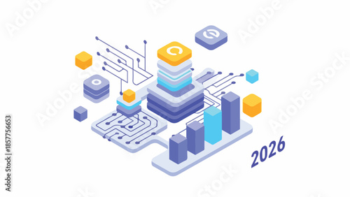 Abstract digital data center with futuristic technology and rising bar charts symbolizing future growth in 2026