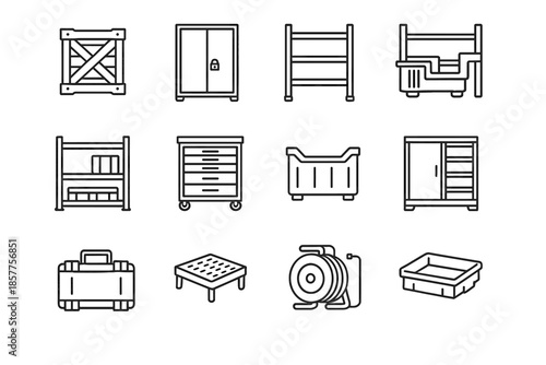 Steel tool shelf vector chest forklift icons reel sliding cord icon gear