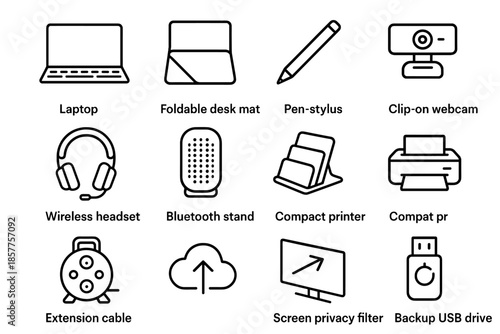 Filter desk portable extension icons drive pen webcam vector office printer screen