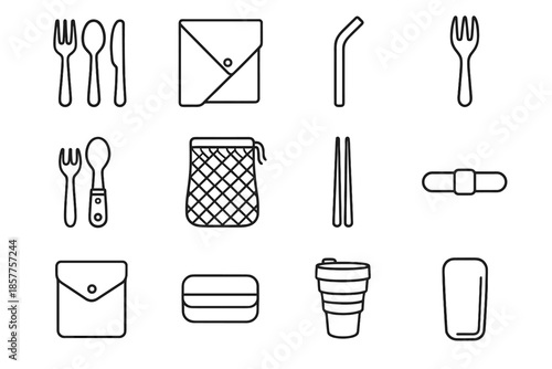 Bamboo lunch icon chopsticks tools vector reusable silicone bag produce strap portable