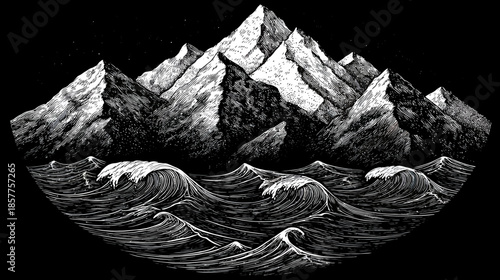 Dramatic black and white illustration of majestic mountains towering over a rough ocean with crashing waves, intricate nature landscape artwork.