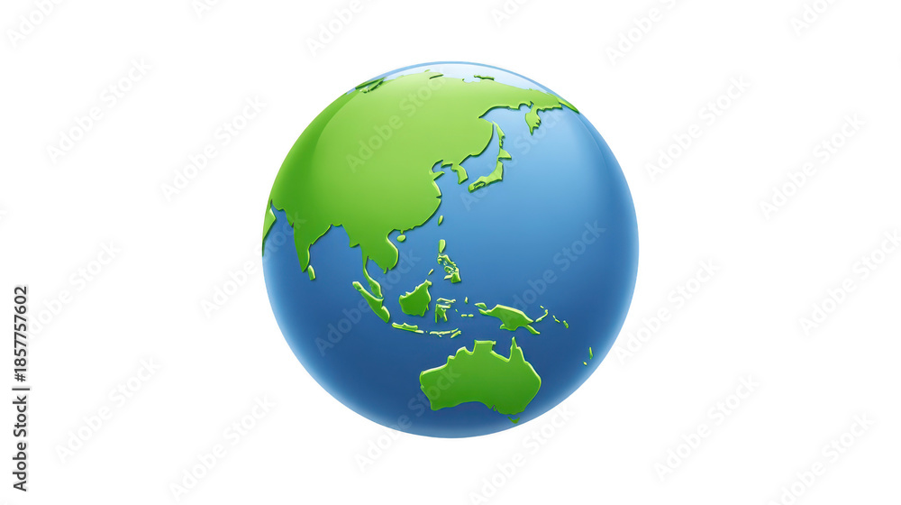 Fototapeta premium Globe showing Asia, Australia, and Pacific Ocean with green continents and blue water, isolated on transparent background, educational and environmental concept