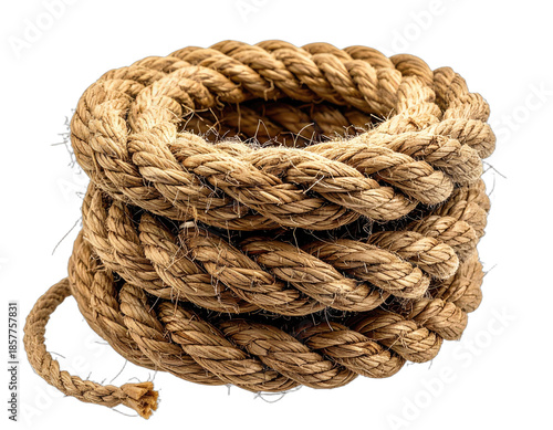 Close-up of a tightly coiled, thick, natural-fiber rope. The rope's texture and color are clearly visible