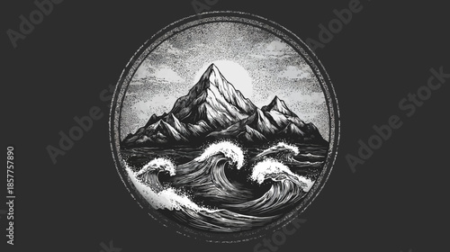 Vintage Hand-Drawn Monochrome Mountains and Rough Ocean Waves with Sun in Circle Emblem Design
