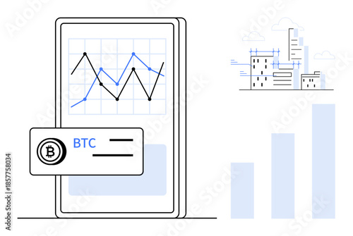 Cryptocurrency trading. Bitcoin analysis displayed on a smartphone with a financial growth chart. Cryptocurrency innovations, blockchain technology, fintech applications, digital asset trends