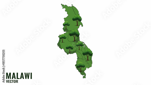 Vibrant green Malawi map adorned with lush trees depicting its natural landscape and ecological