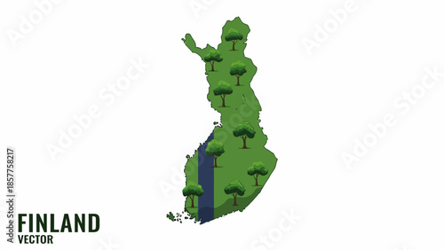 Detailed vector illustration of Finland's green landscape with abundant trees and waterways