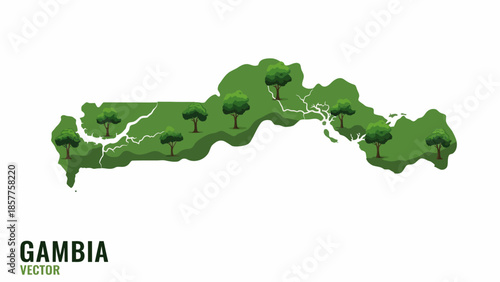 Vibrant green map of Gambia illustrating its lush terrain, diverse trees, and prominent river flow