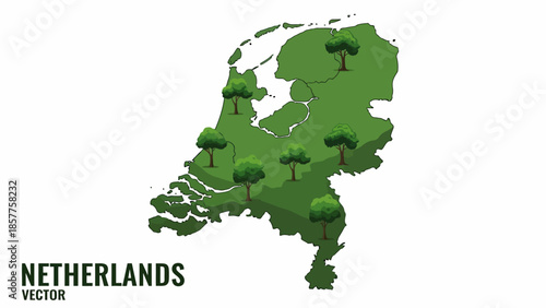 Stylized map illustration of the Netherlands showcasing lush green areas and abundant natural tree