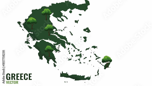 Vibrant green map of Greece adorned with illustrative trees, emphasizing ecological preservation