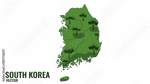 Green South Korea map vector illustration with lush natural landscapes and scattered trees