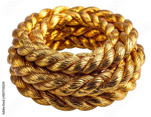 A close-up studio shot of a thick, intricately braided golden object, isolated on a black background
