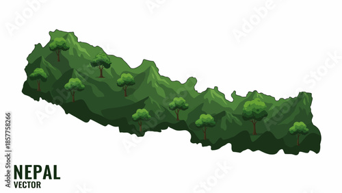 Stylized map of Nepal showcasing its verdant mountainous landscape with numerous green trees