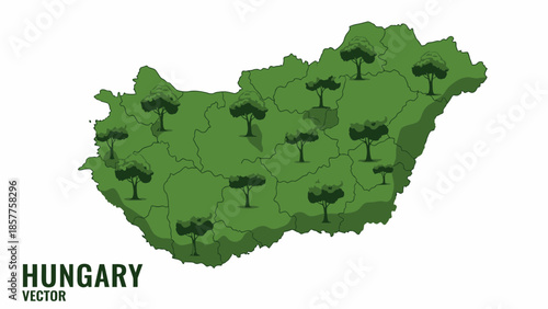 Hungary's verdant landscape map featuring stylized trees symbolizing national environmental