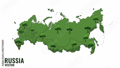 Geographical illustration of Russia's green regions featuring lush trees and environmental focus