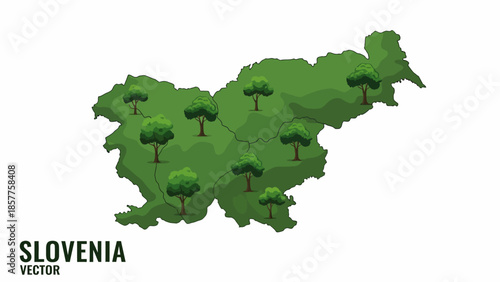 A vibrant green map illustration of Slovenia showcasing its natural tree-filled landscapes and