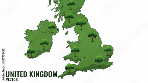 Illustrative representation of the United Kingdom and Ireland's green landscape, emphasizing