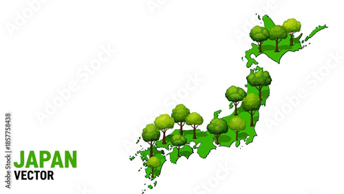 Stylized Japanese islands map showcasing lush green forests and ecological harmony perfect for