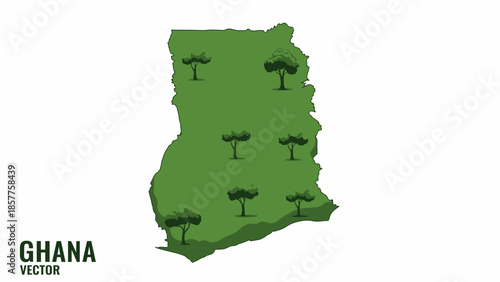 Illustrative green Ghana country map featuring various natural trees vector graphic design
