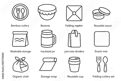 Washable organic pod sipping friendly icon storage reusable eco lunch jute vector