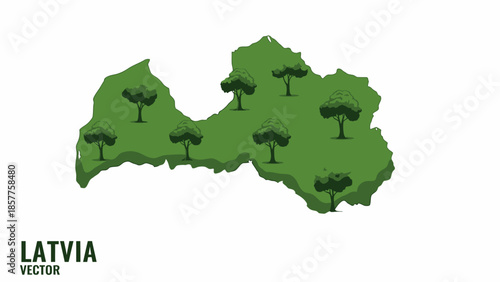 Ecological depiction of the Latvian national map adorned with vibrant green trees and natural