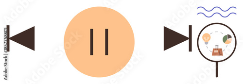 Multimedia-themed pause, rewind, and forward buttons. Includes magnifying glass with research symbols and wave details. Ideal for media, analysis, exploration, data, discovery research content