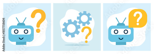 An set of abstract illustration showing gears and a question mark, representing settings, configuration, troubleshooting, and user support within a digital system or interface.