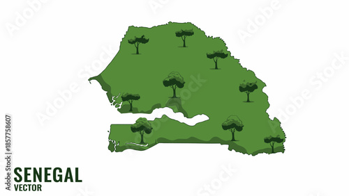Environmental map illustration of Senegal featuring lush green landscapes and scattered trees